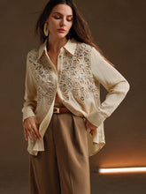 Anewsta Casual Apricot Floral Applique Collar Long Sleeve Sequin Splice Chiffon Blouse For Women